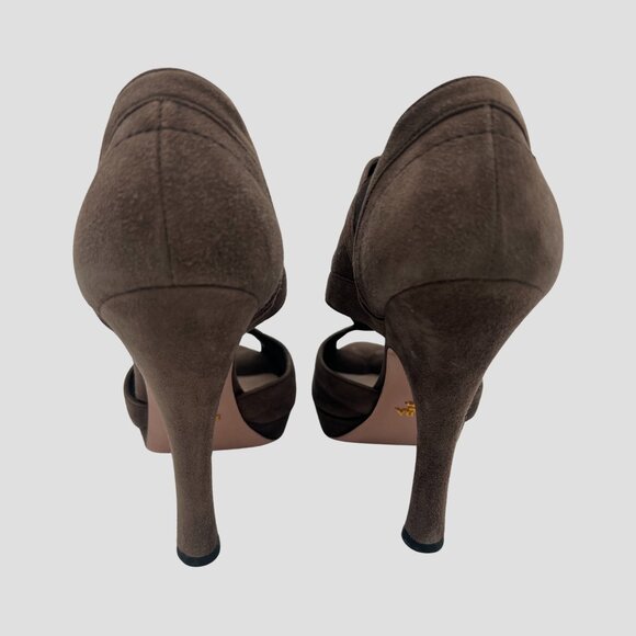 Prada Brown Suede Peep Toe Platform Heels – Size 38.5 - Picture 6 of 10